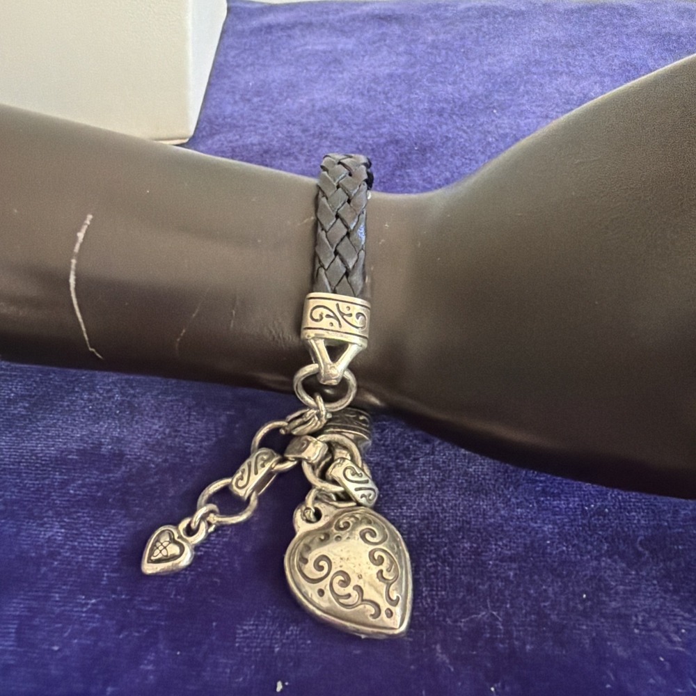 BRIGHTON 'Kings Road' Bracelet Heart Braided Leather Cord Silver Plate 7.5"